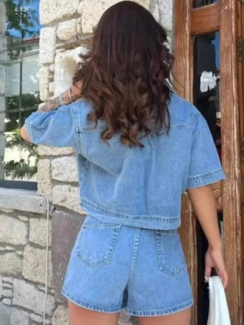 'Chara' Short Sleeve Top and Skort Denim Set - Celes Fashion